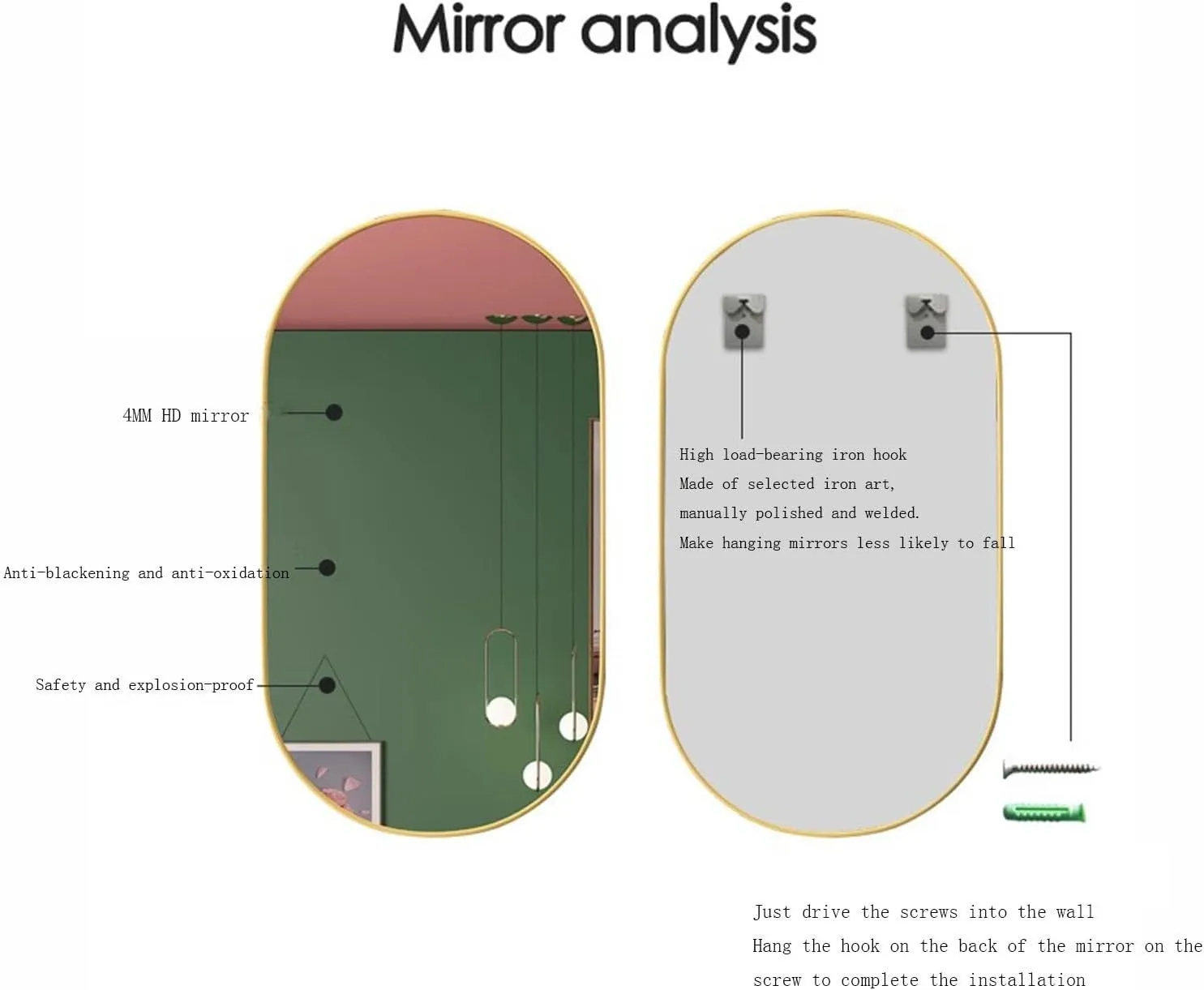 Cosmetic Mirror, Vanity Mirror, no Punching Bathroom Mirror, Desktop Home Cosmetic Mirror, Living Room Entrance Retro Decorative Mirror(Gold,50 * 100cm)