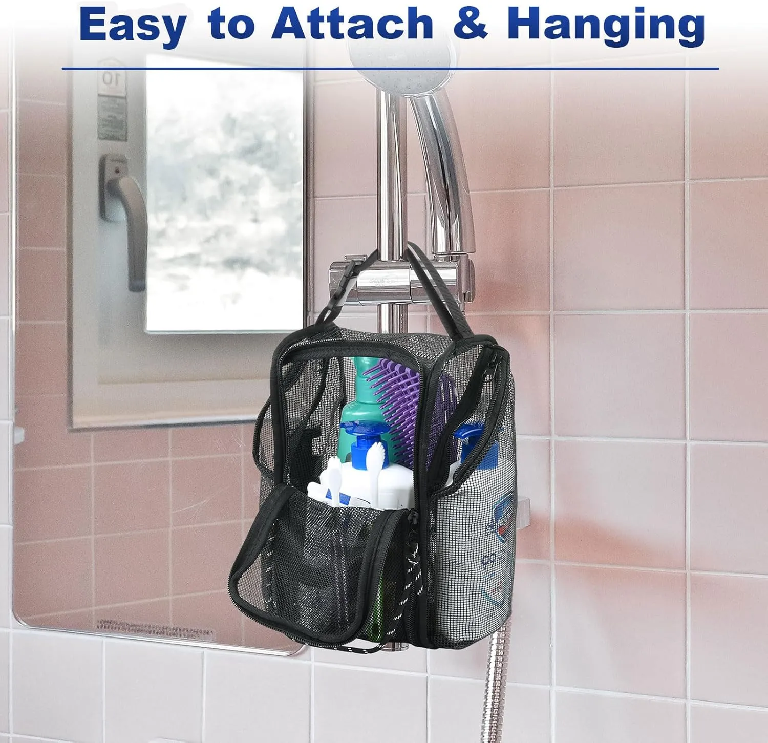 Cosmos Mesh Shower Caddy Toiletry Organizer Hanging Shower Tote Bag, Quick Dry Shower Organizer Portable Bath Bag with Durable Zippers & Side Pockets for Travel, Gym, Swimming, Beach and Camp