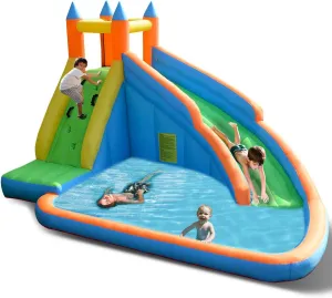 Costzon Inflatable Water Slide, Giant Bouncy Water Park Jump Castle Waterslide for Kids Backyard Outdoor Fun with Climbing Wall, Splash Pool, Blow up Water Slides Inflatables for Kids Party Gifts