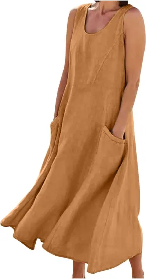 Cotton Line Dresses for Women 2023 Casual Summer Sleeveless Beach Flowy Sundress with Pockets Loose Tank Dress