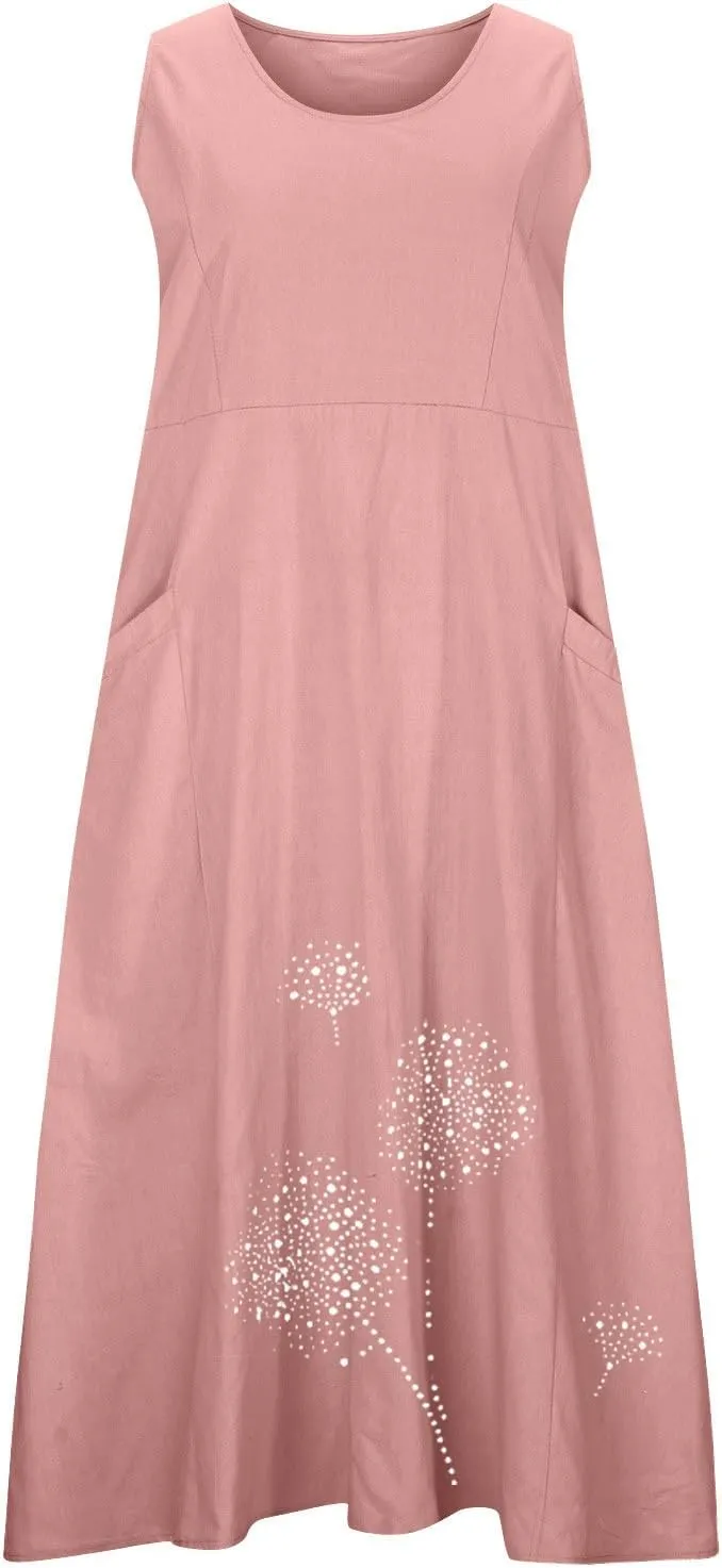 Cotton Linen Dresses for Women 2024 Casual Sleeveless Summer Dresses Casual Crewneck Maxi Dress Trendy Summer Beach Outfits