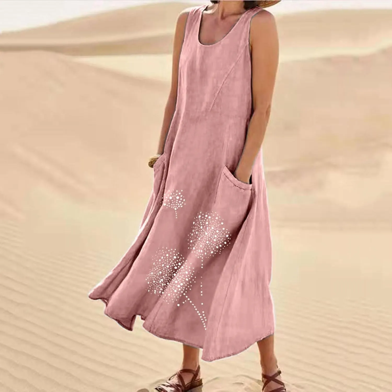 Cotton Linen Dresses for Women 2024 Casual Sleeveless Summer Dresses Casual Crewneck Maxi Dress Trendy Summer Beach Outfits