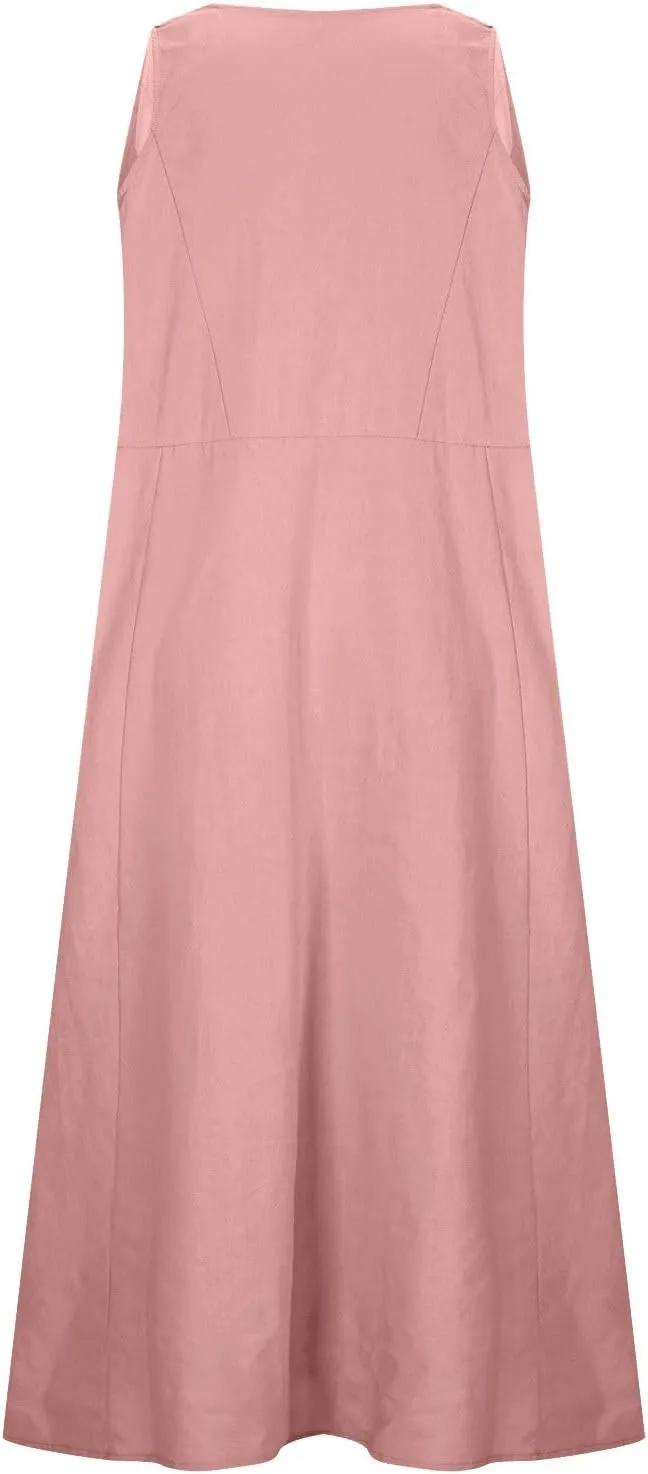 Cotton Linen Dresses for Women 2024 Casual Sleeveless Summer Dresses Casual Crewneck Maxi Dress Trendy Summer Beach Outfits