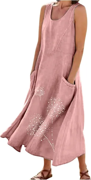 Cotton Linen Dresses for Women 2024 Casual Sleeveless Summer Dresses Casual Crewneck Maxi Dress Trendy Summer Beach Outfits