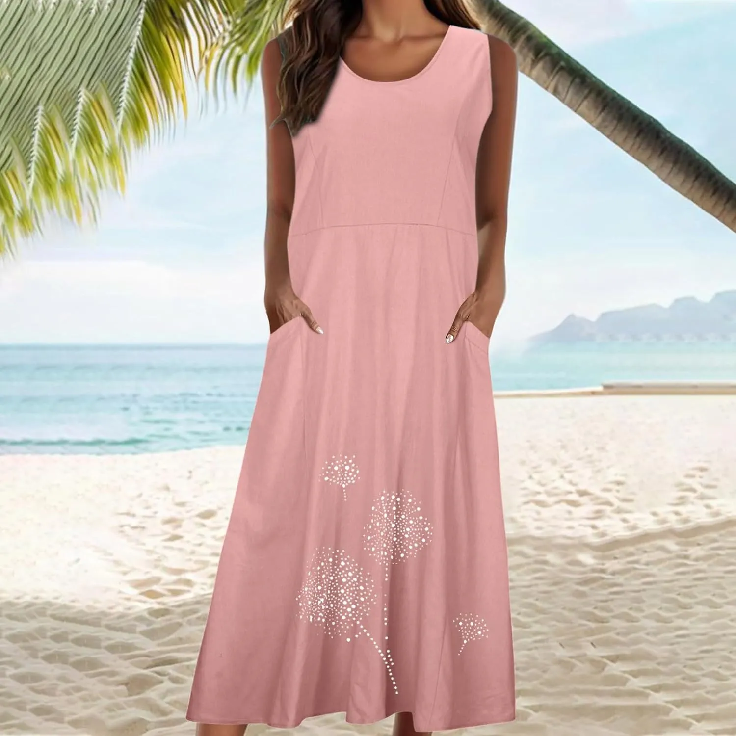 Cotton Linen Dresses for Women 2024 Casual Sleeveless Summer Dresses Casual Crewneck Maxi Dress Trendy Summer Beach Outfits