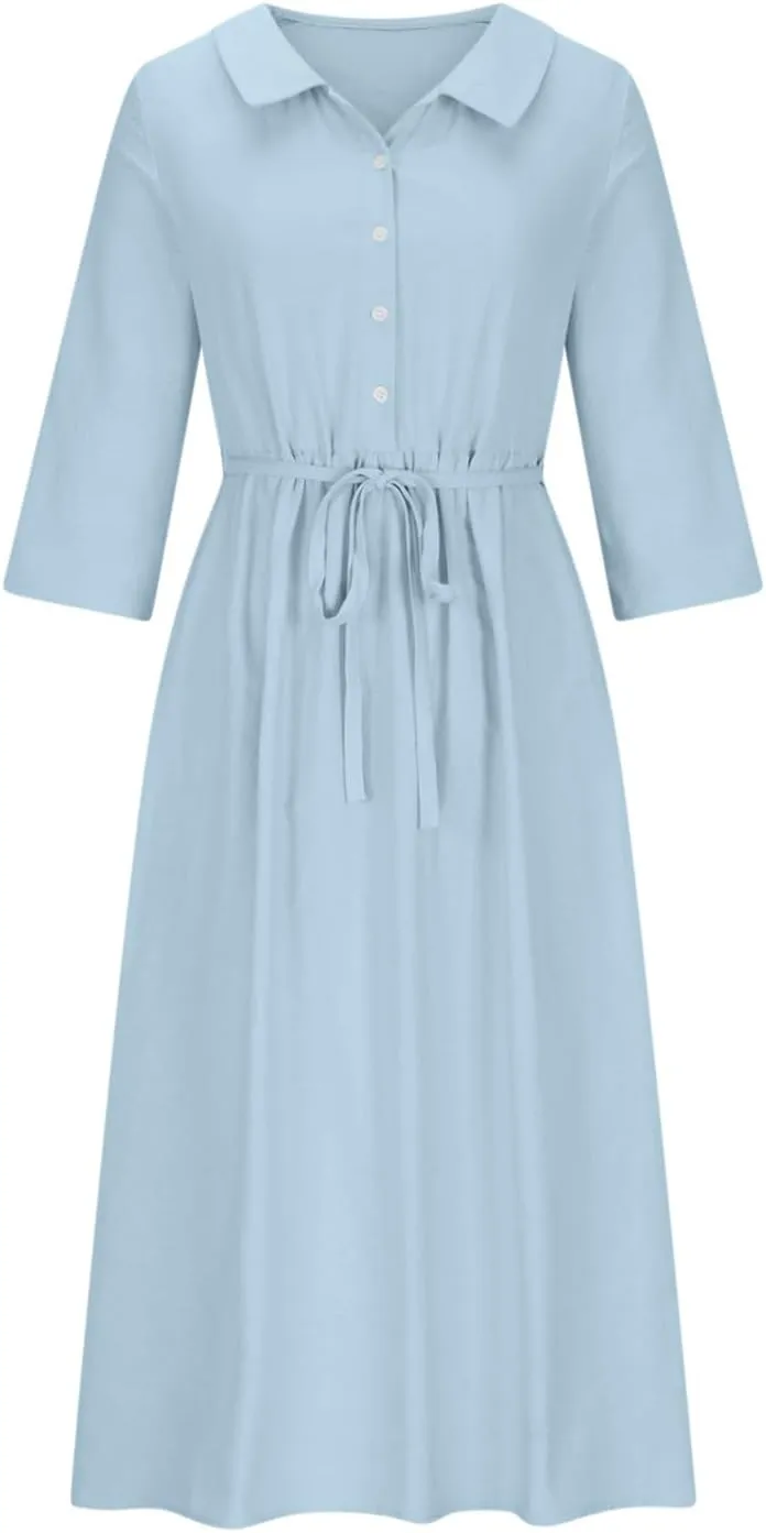 Cotton Linen Dresses for Women 2024 Maxi Button Down Plus Size A Line Dress Trendy 3/4 Sleeve Floral Dress Summer Dresses