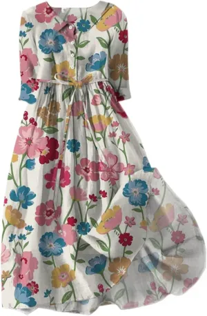 Cotton Linen Dresses for Women 2024 Maxi Button Down Plus Size A Line Dress Trendy 3/4 Sleeve Floral Dress Summer Dresses