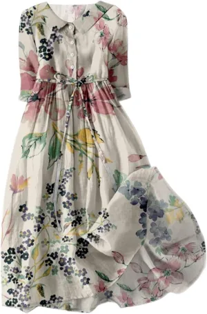 Cotton Linen Dresses for Women 2024 Maxi Button Down Plus Size A Line Dress Trendy 3/4 Sleeve Floral Dress Summer Dresses