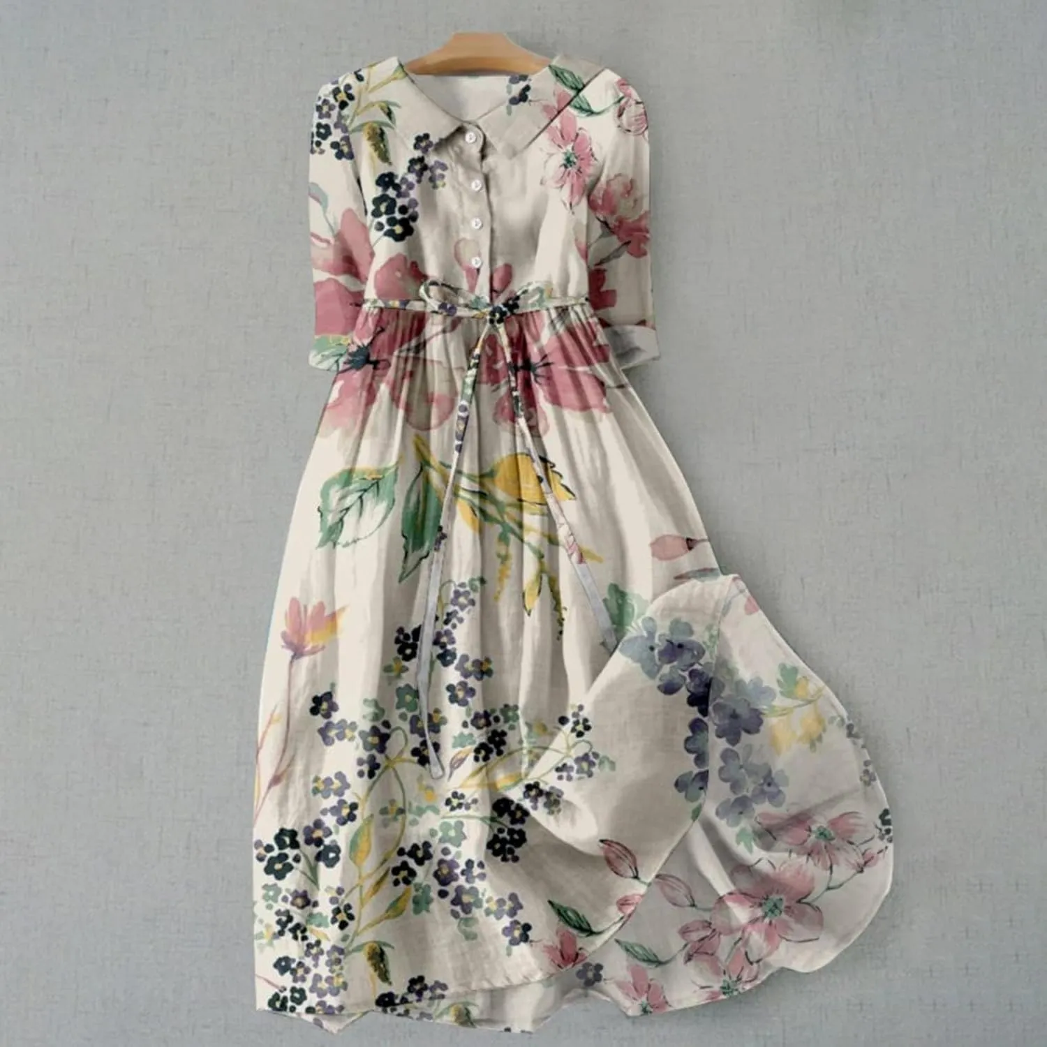 Cotton Linen Dresses for Women 2024 Maxi Button Down Plus Size A Line Dress Trendy 3/4 Sleeve Floral Dress Summer Dresses