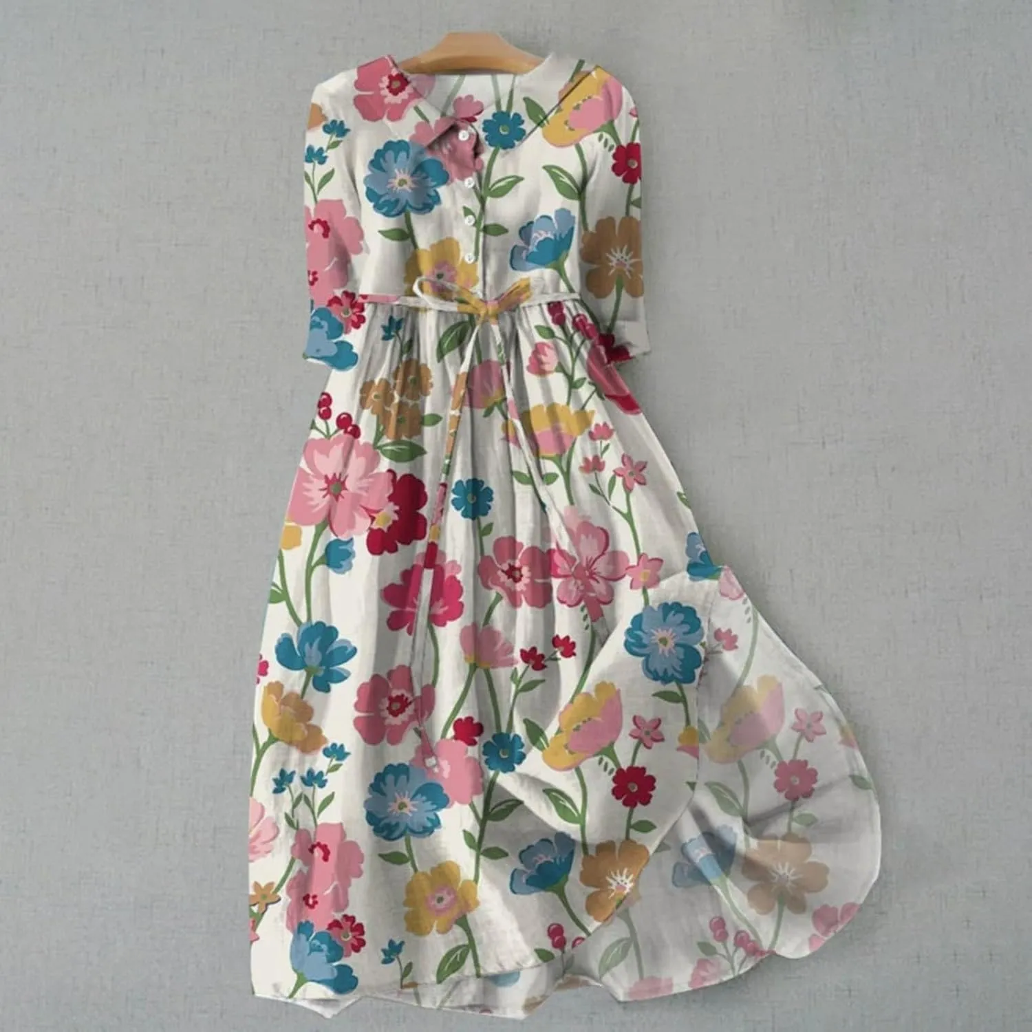 Cotton Linen Dresses for Women 2024 Maxi Button Down Plus Size A Line Dress Trendy 3/4 Sleeve Floral Dress Summer Dresses