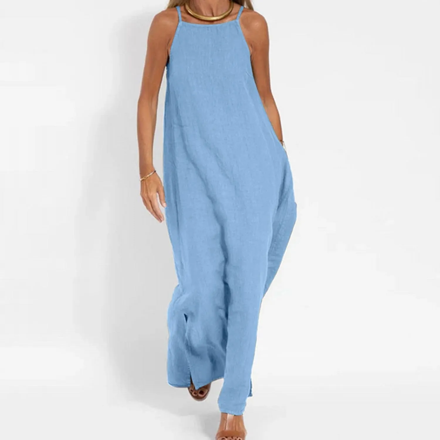 Cotton Linen Maxi Sundresses for Women Sleeveless Spaghetti Strap Side Split Long Cami Dress Summer Flowy Beach Dresses