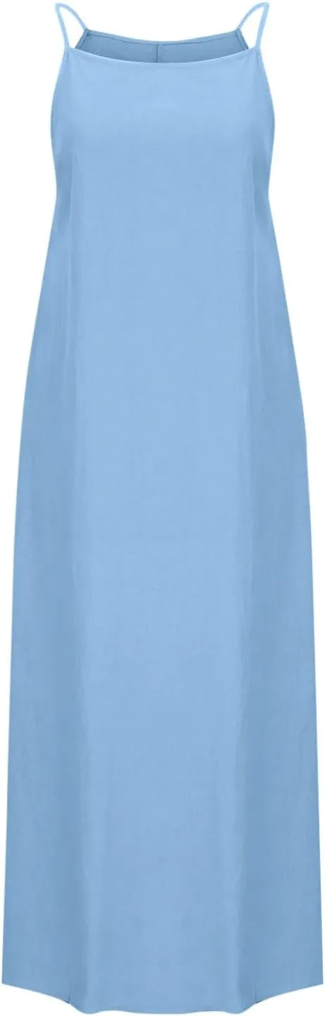 Cotton Linen Maxi Sundresses for Women Sleeveless Spaghetti Strap Side Split Long Cami Dress Summer Flowy Beach Dresses