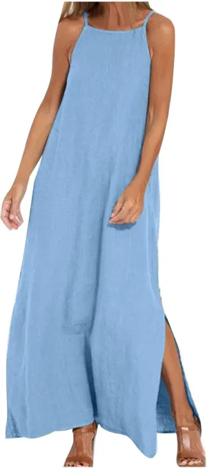 Cotton Linen Maxi Sundresses for Women Sleeveless Spaghetti Strap Side Split Long Cami Dress Summer Flowy Beach Dresses