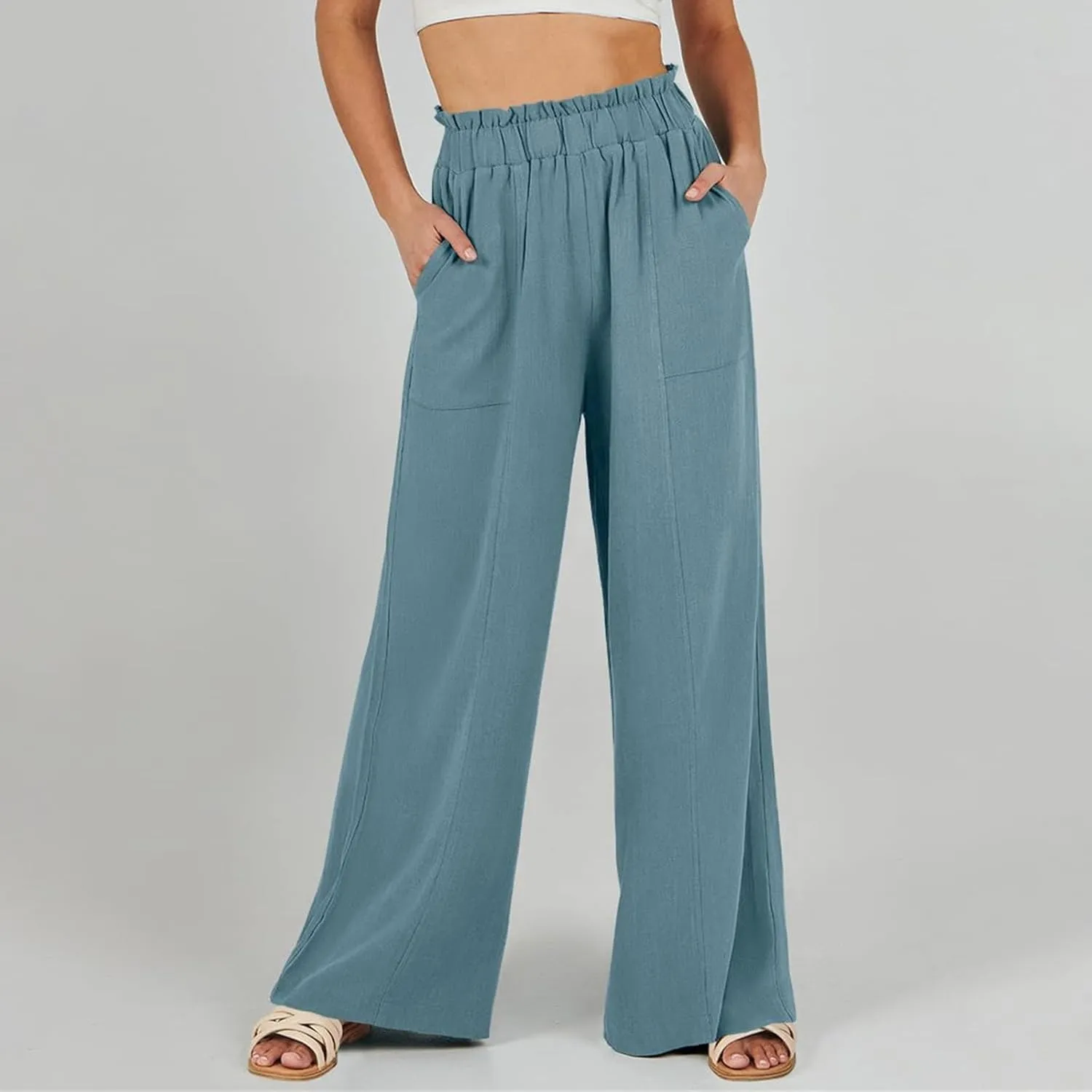 Cotton Linen Pants for Women Wide Leg Palazzo Pants Dressy Solid Color High Waisted Flowy Beach Pants with Pockets