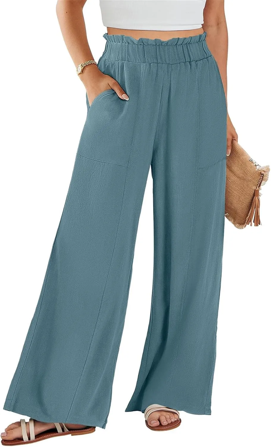 Cotton Linen Pants for Women Wide Leg Palazzo Pants Dressy Solid Color High Waisted Flowy Beach Pants with Pockets