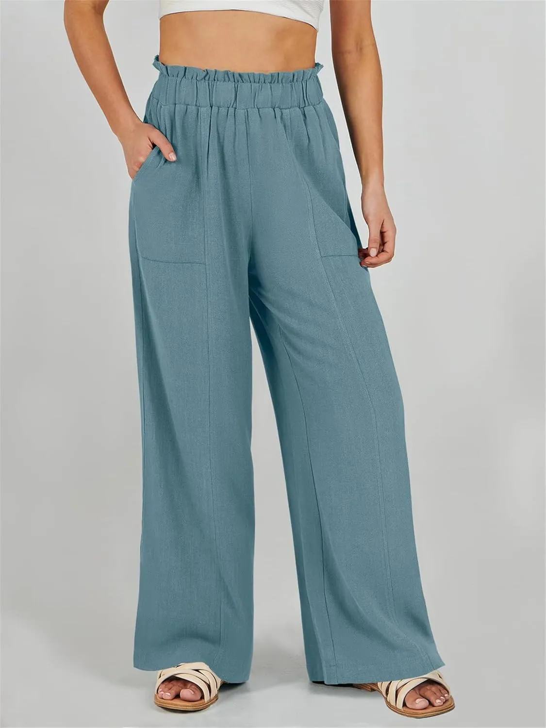 Cotton Linen Pants for Women Wide Leg Palazzo Pants Dressy Solid Color High Waisted Flowy Beach Pants with Pockets