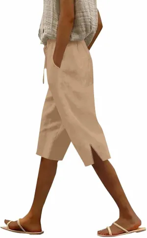Cotton Linen Pants Summer Capri Pants for Women Straight Wide Leg Cropped Trousers with Elastic Drawstring Waist