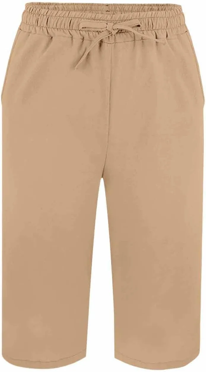 Cotton Linen Pants Summer Capri Pants for Women Straight Wide Leg Cropped Trousers with Elastic Drawstring Waist