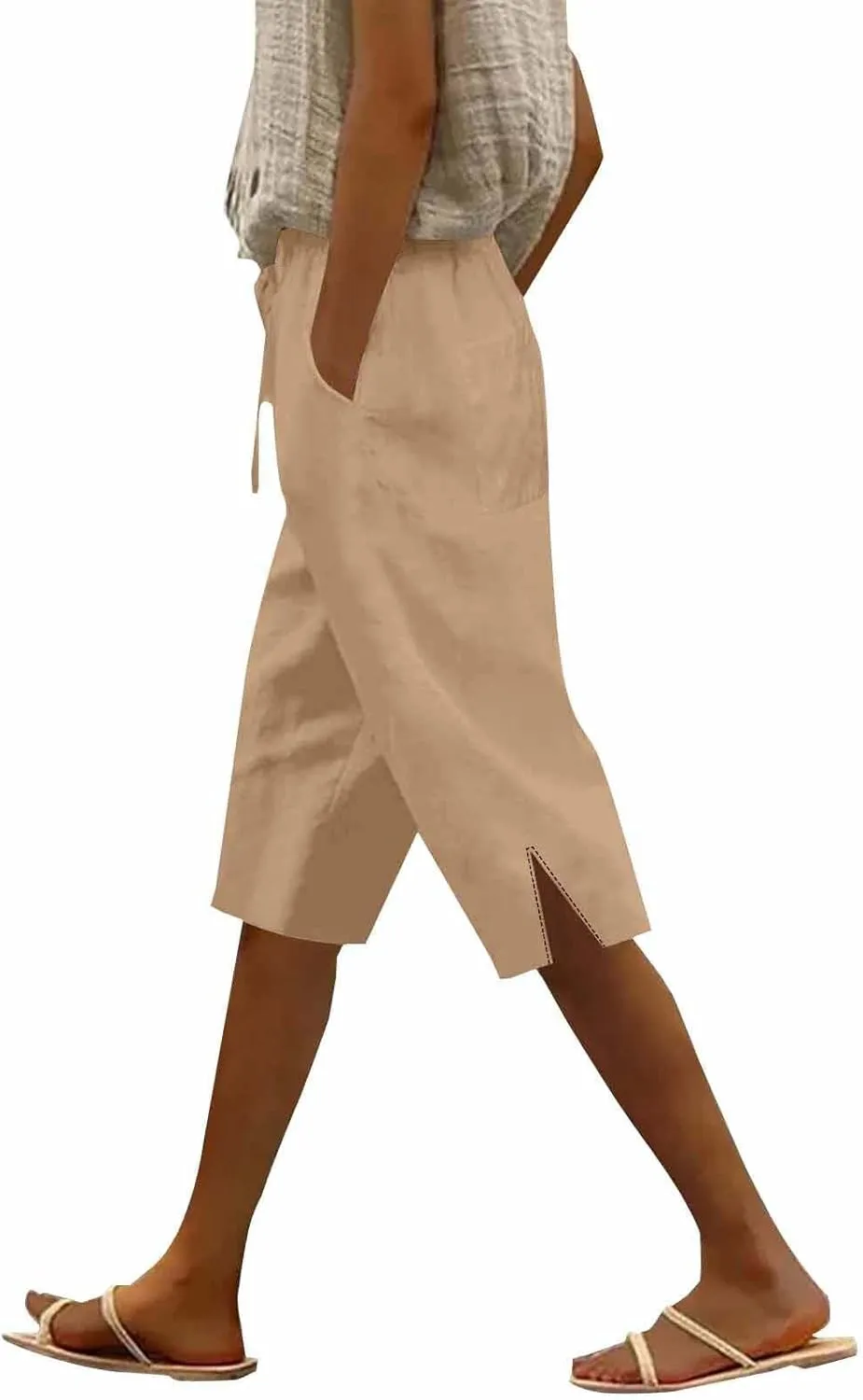 Cotton Linen Pants Summer Capri Pants for Women Straight Wide Leg Cropped Trousers with Elastic Drawstring Waist