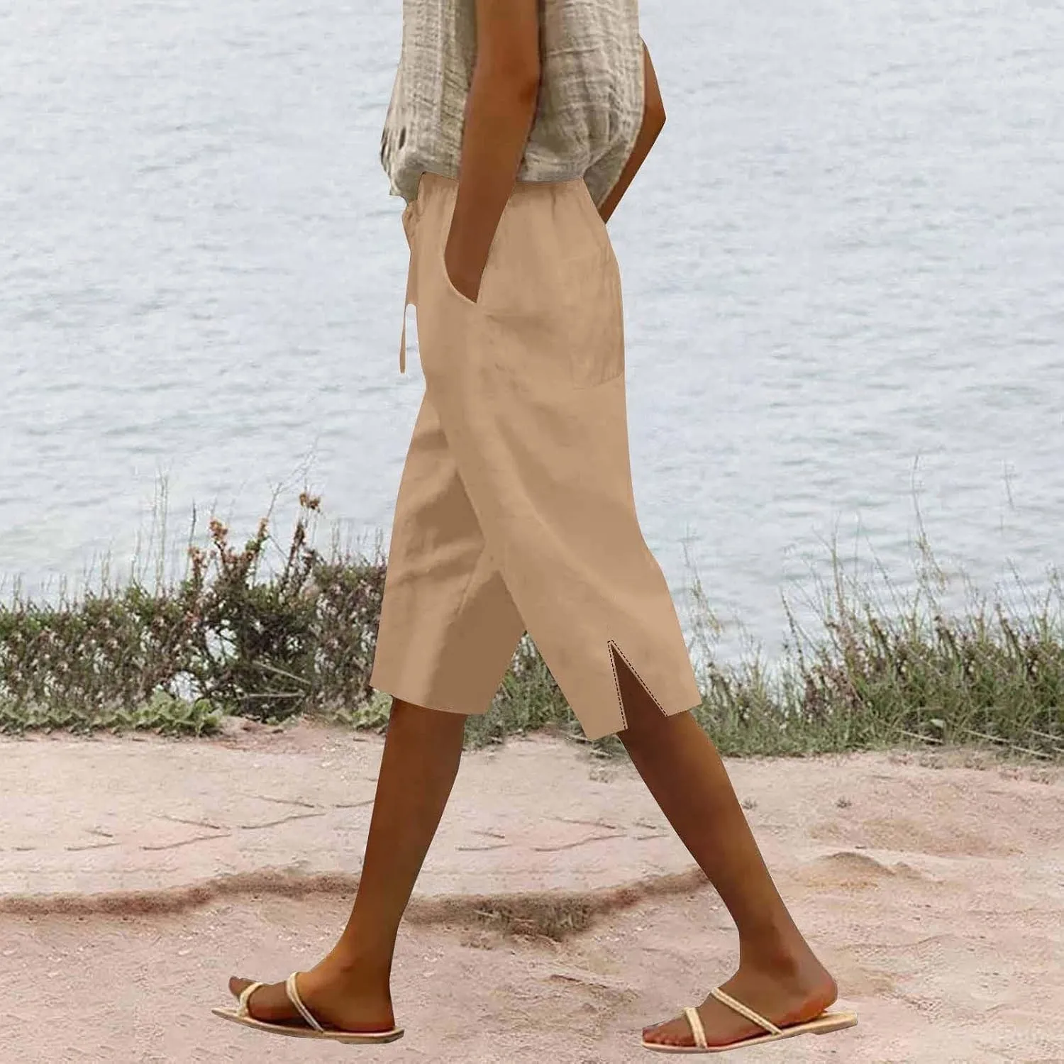 Cotton Linen Pants Summer Capri Pants for Women Straight Wide Leg Cropped Trousers with Elastic Drawstring Waist