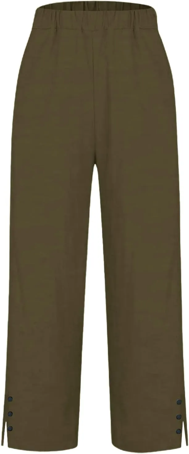 Cotton Linen Pants Women Elastic High Waist Straight Leg Lounge Pants Casual Slacks Summer Trouser with Pockets