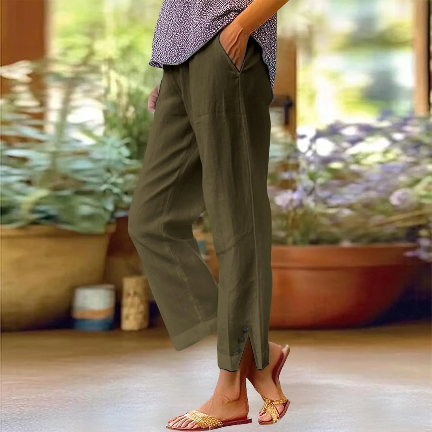 Cotton Linen Pants Women Elastic High Waist Straight Leg Lounge Pants Casual Slacks Summer Trouser with Pockets