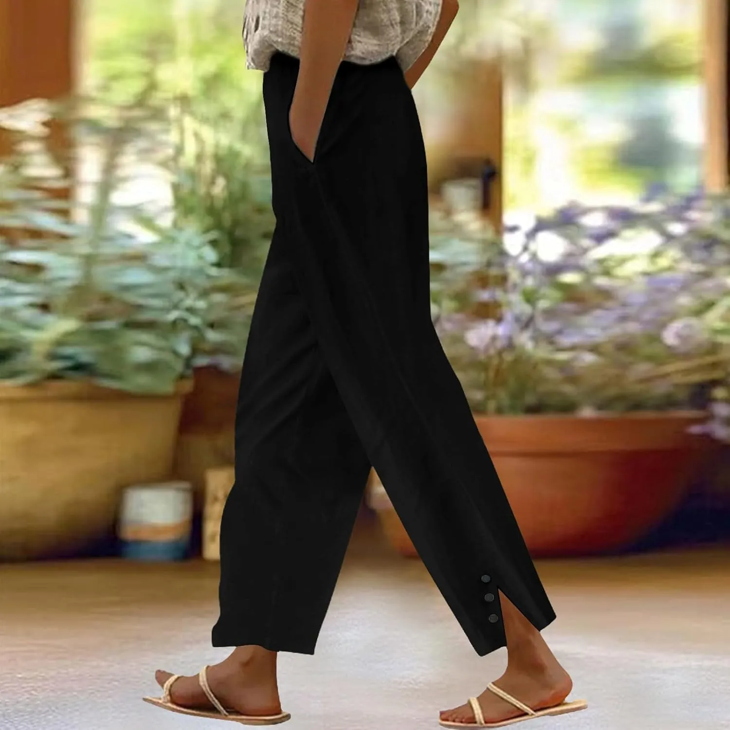 Cotton Linen Pants Women Elastic High Waist Straight Leg Lounge Pants Casual Slacks Summer Trouser with Pockets