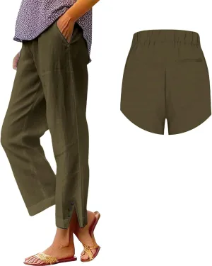 Cotton Linen Pants Women Elastic High Waist Straight Leg Lounge Pants Casual Slacks Summer Trouser with Pockets