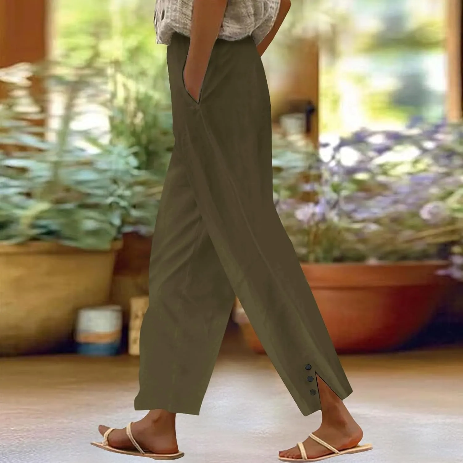 Cotton Linen Pants Women Elastic High Waist Straight Leg Lounge Pants Casual Slacks Summer Trouser with Pockets