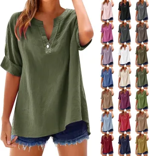 Cotton Linen Shirts for Women V-Neck Short Sleeve Loose Fit Blouses Spring and Summer Comfy Casual Dressy Work Tops
