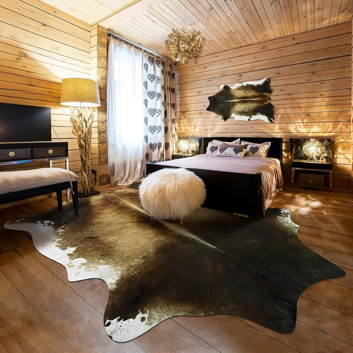 Cow Hide Rug for Living Room, Washable Cowhide Rug, Large Faux Animal Skin Rugs, Non-Slip Cow Print Area Rug, 6x7 Ft Cowhide Rugs for Bedroom Office Kitchen, Brindle and White