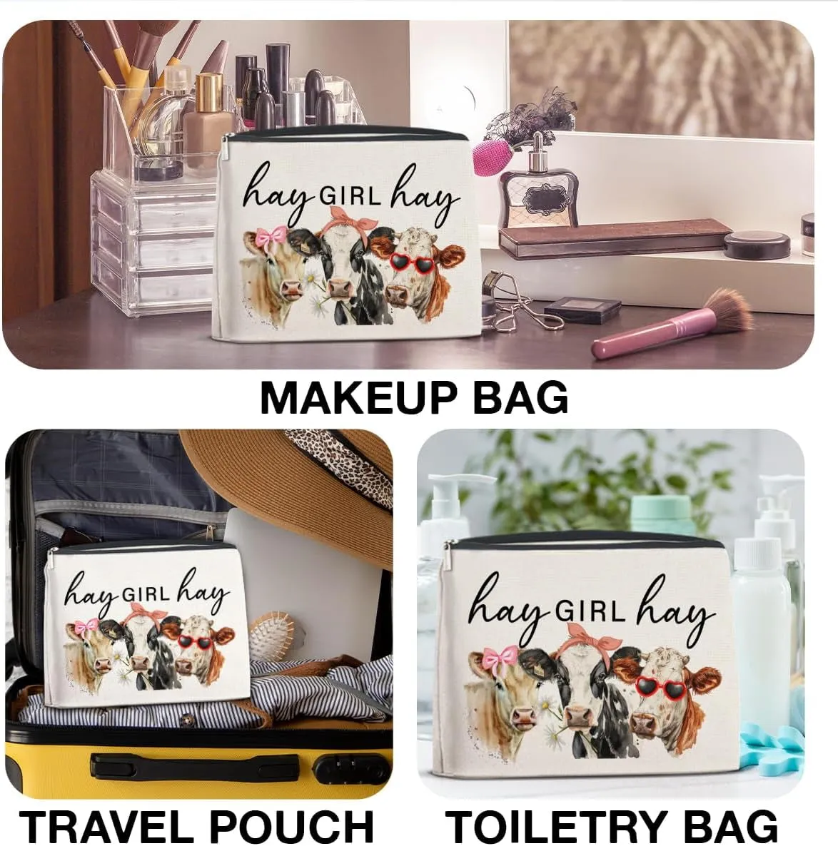 Cow Makeup Bag Cow Gifts for Girls Cosmetic Bag Western Hay Girl Hay Zipper Makeup Pouch