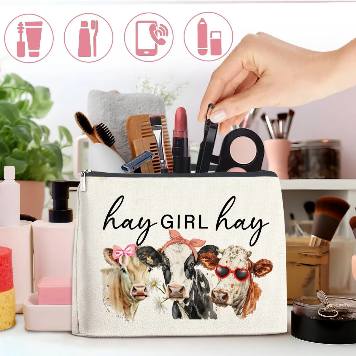 Cow Makeup Bag Cow Gifts for Girls Cosmetic Bag Western Hay Girl Hay Zipper Makeup Pouch