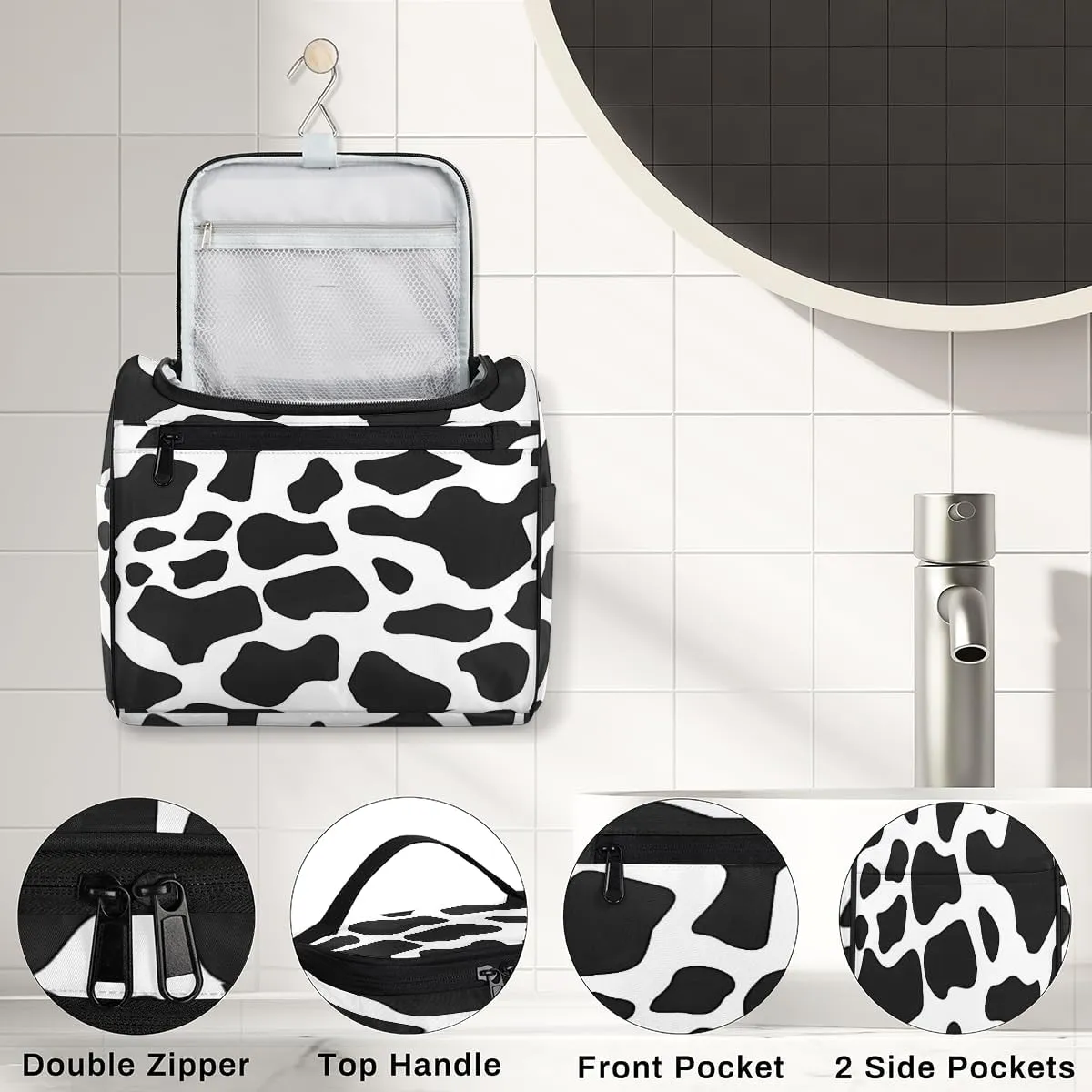 Cow Print Skin Travel Toiletry Bag for Women Large Capacity Wide-open Makeup Organizer Cosmetic Travel Bags for Toiletries