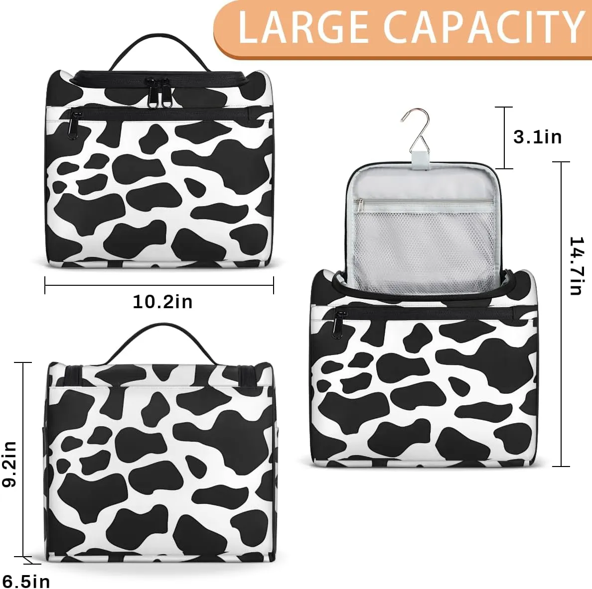 Cow Print Skin Travel Toiletry Bag for Women Large Capacity Wide-open Makeup Organizer Cosmetic Travel Bags for Toiletries