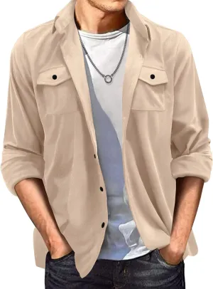 crazynekos Men's Casual Suede Long Sleeve Button Down Shirt Beach Slim Fit Shirt