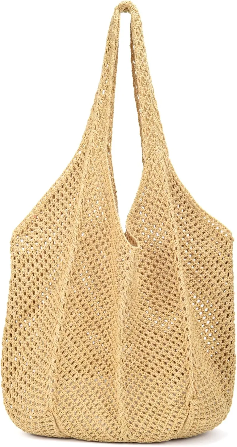 Crochet Tote Bag for Women Summer Beach Mesh Woven Shoulder Handbags Boho Knit Bag