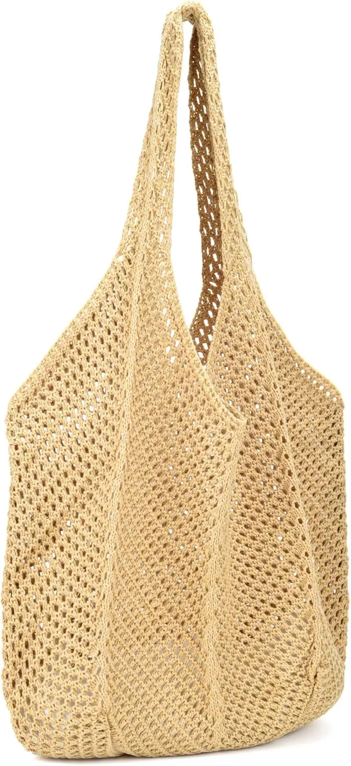Crochet Tote Bag for Women Summer Beach Mesh Woven Shoulder Handbags Boho Knit Bag