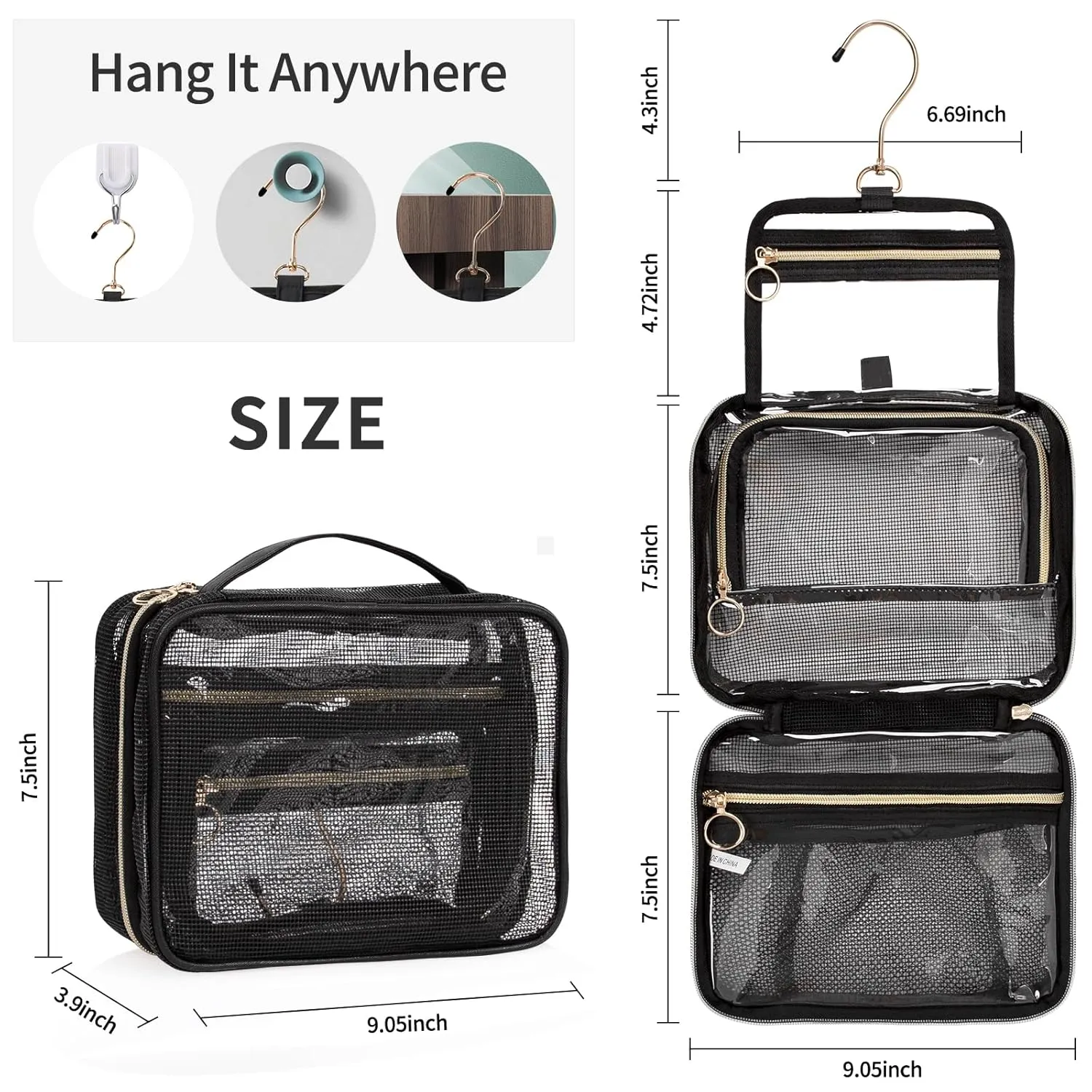 CUBETASTIC Mesh Shower Bag, Hanging Travel Toiletry Bag for Men Women, Portable Quick Dry Shower Organizer Pouch for College Dorm Room Essentials with 3 Compartment