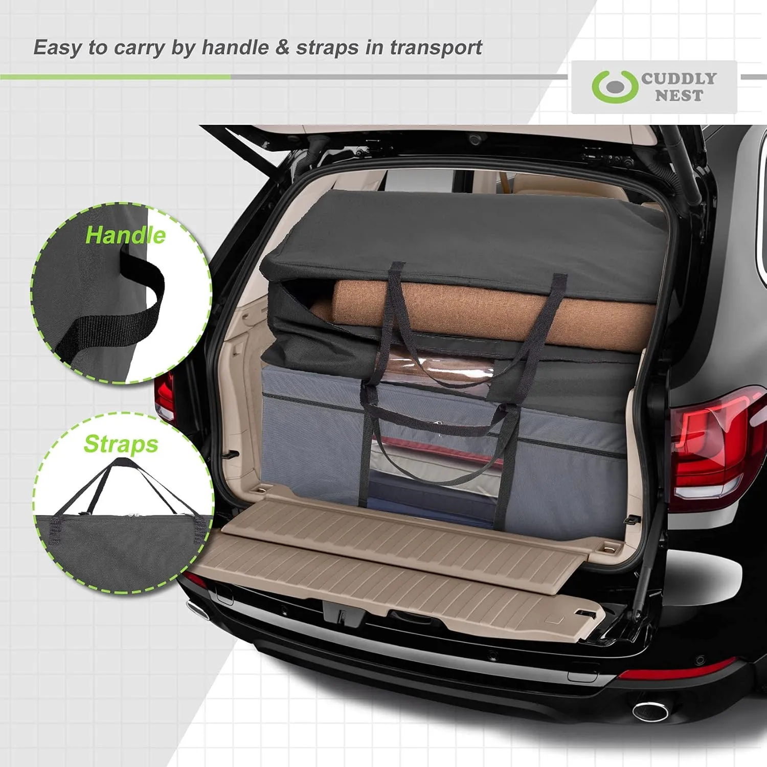 Cuddly Nest Folding Mattress Storage Bag - Heavy Duty Carry Case for Tri-Fold Guest Bed (Fits 4" Queen Mattress,Black)