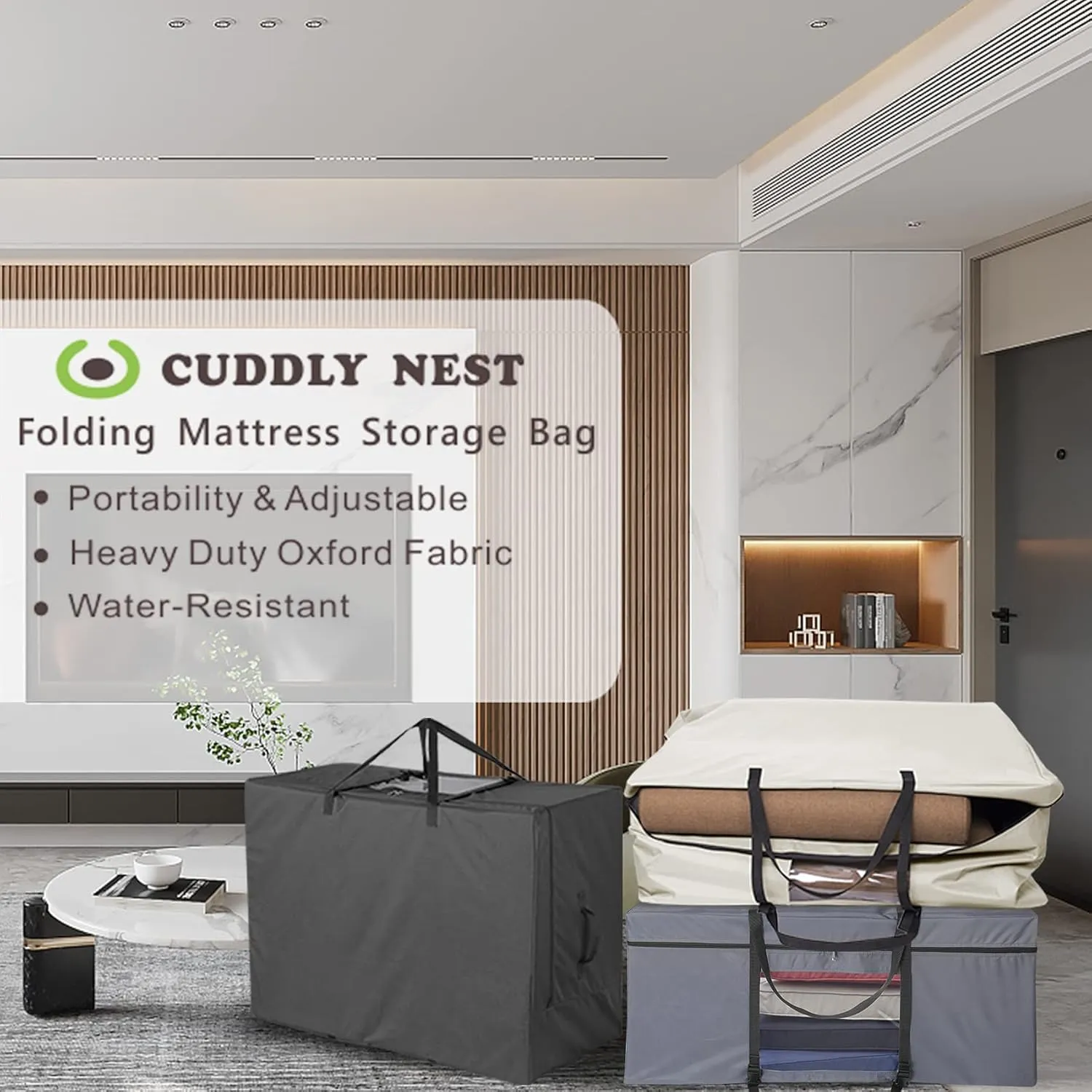 Cuddly Nest Folding Mattress Storage Bag - Heavy Duty Carry Case for Tri-Fold Guest Bed (Fits 4" Queen Mattress,Black)