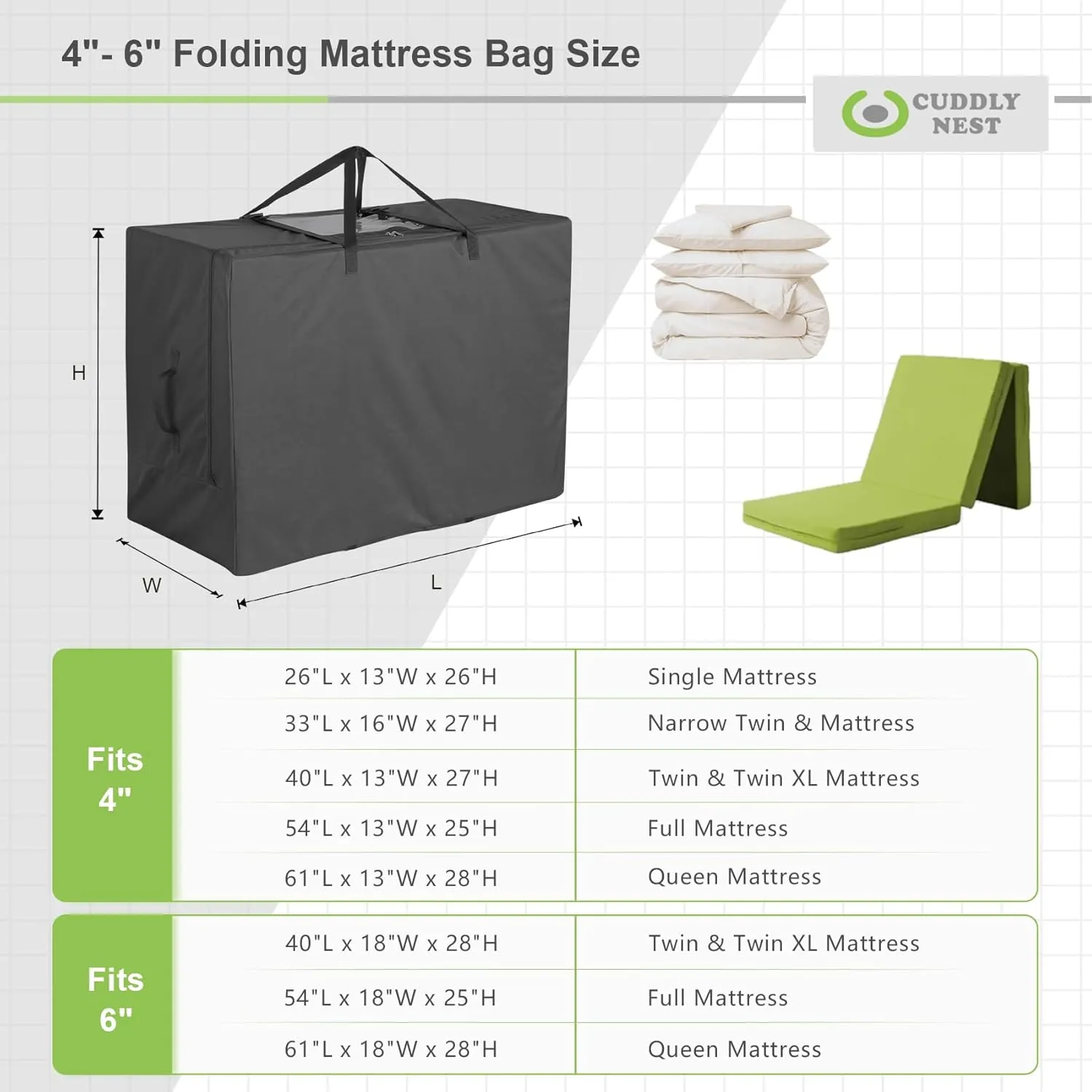 Cuddly Nest Folding Mattress Storage Bag - Heavy Duty Carry Case for Tri-Fold Guest Bed (Fits 4" Queen Mattress,Black)