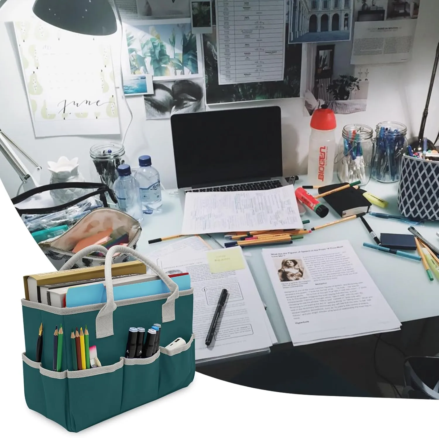 Cupohus Art Organizer Craft Storage Tote Bag with Pockets and Hadles, Oxford Fabric Carrying Caddy for Teacher, Officer, Artist, Traveler, and more – Dark Green