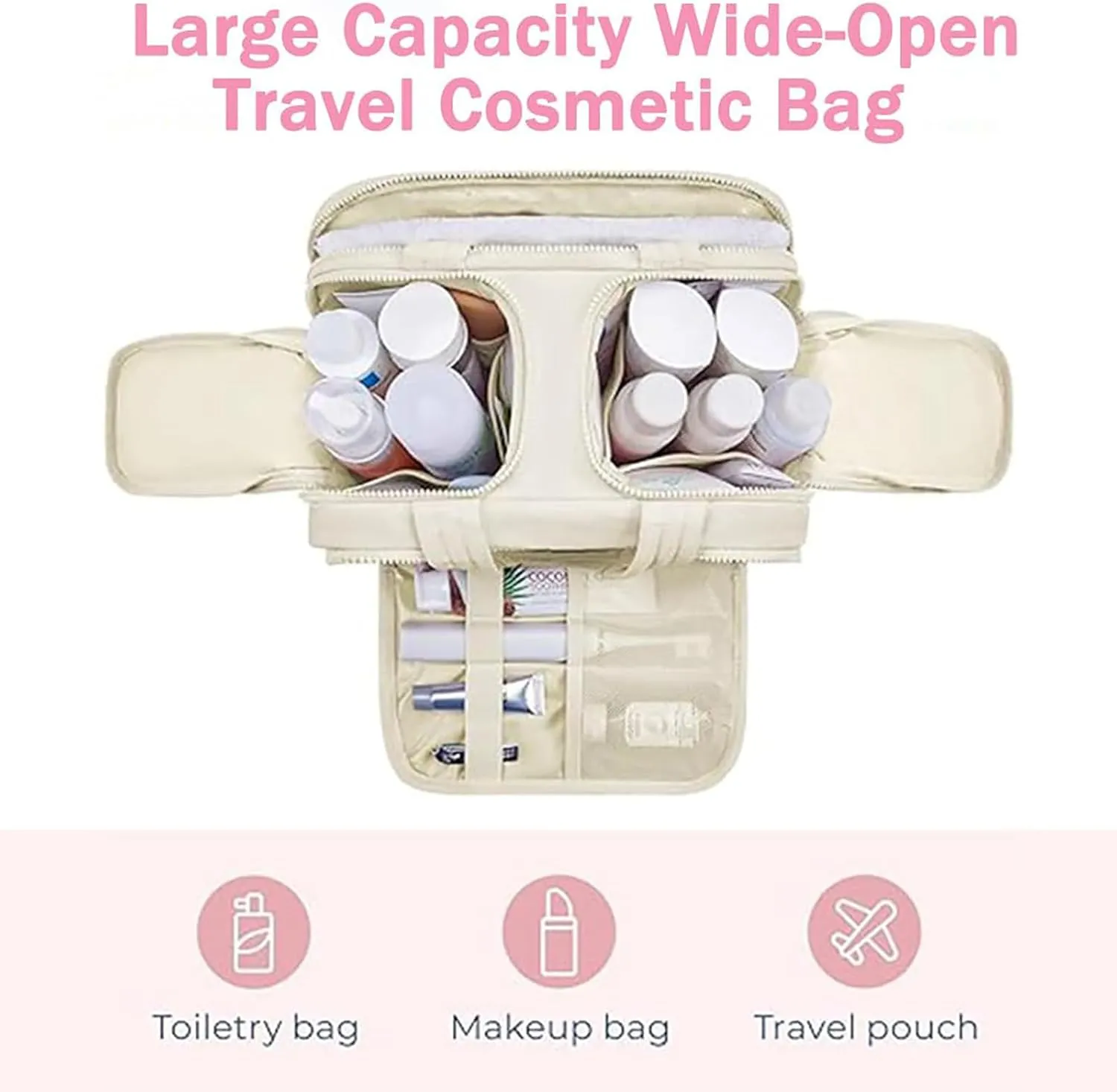 Cureaway Travel Cosmetic Bag, Cureaway Large Capacity Wide-Open Travel Cosmetic Bag, Curetoaway Toiletry Bag for Women with Divider and Handle, Lightweight Waterproof (Beige)