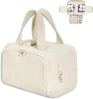 Cureaway Travel Cosmetic Bag, Cureaway Large Capacity Wide-Open Travel Cosmetic Bag, Curetoaway Toiletry Bag for Women with Divider and Handle, Lightweight Waterproof (Beige)