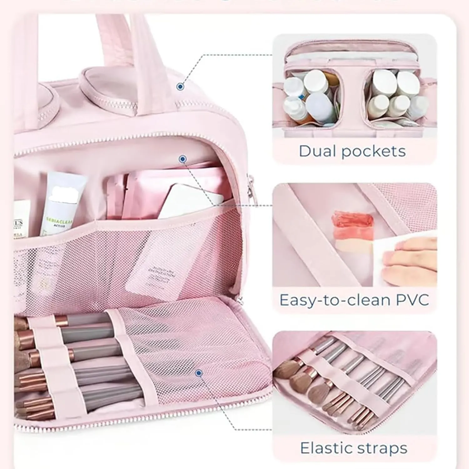 Cureaway Travel Cosmetic Bag, Cureaway Large Capacity Wide-Open Travel Cosmetic Bag, Curetoaway Toiletry Bag for Women with Divider and Handle, Lightweight Waterproof (Beige)