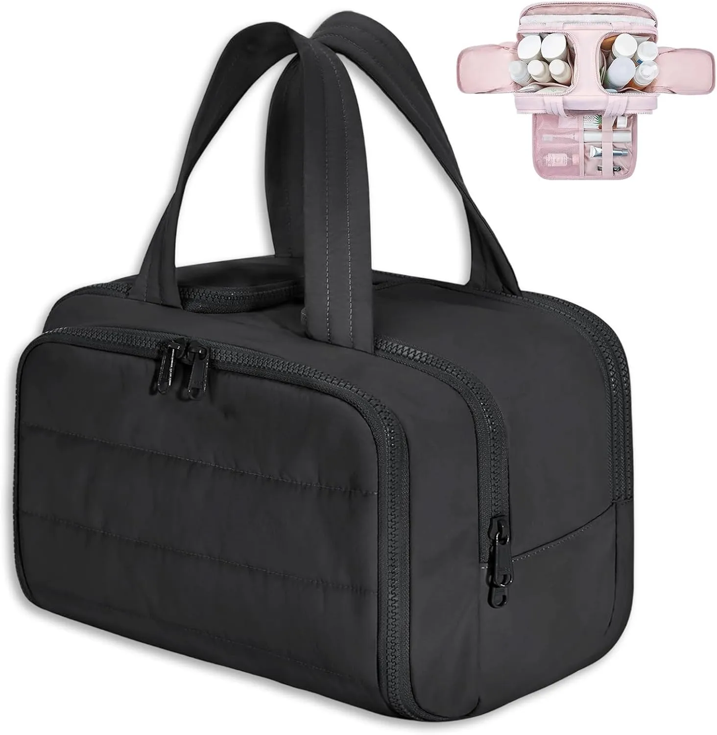 Cureaway Travel Cosmetic Bag, Cureaway Large Capacity Wide-Open Travel Cosmetic Bag, Curetoaway Toiletry Bag for Women with Divider and Handle, Lightweight Waterproof (Black)