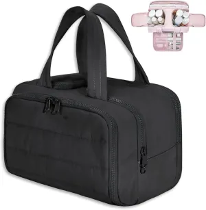 Cureaway Travel Cosmetic Bag, Cureaway Large Capacity Wide-Open Travel Cosmetic Bag, Curetoaway Toiletry Bag for Women with Divider and Handle, Lightweight Waterproof (Black)