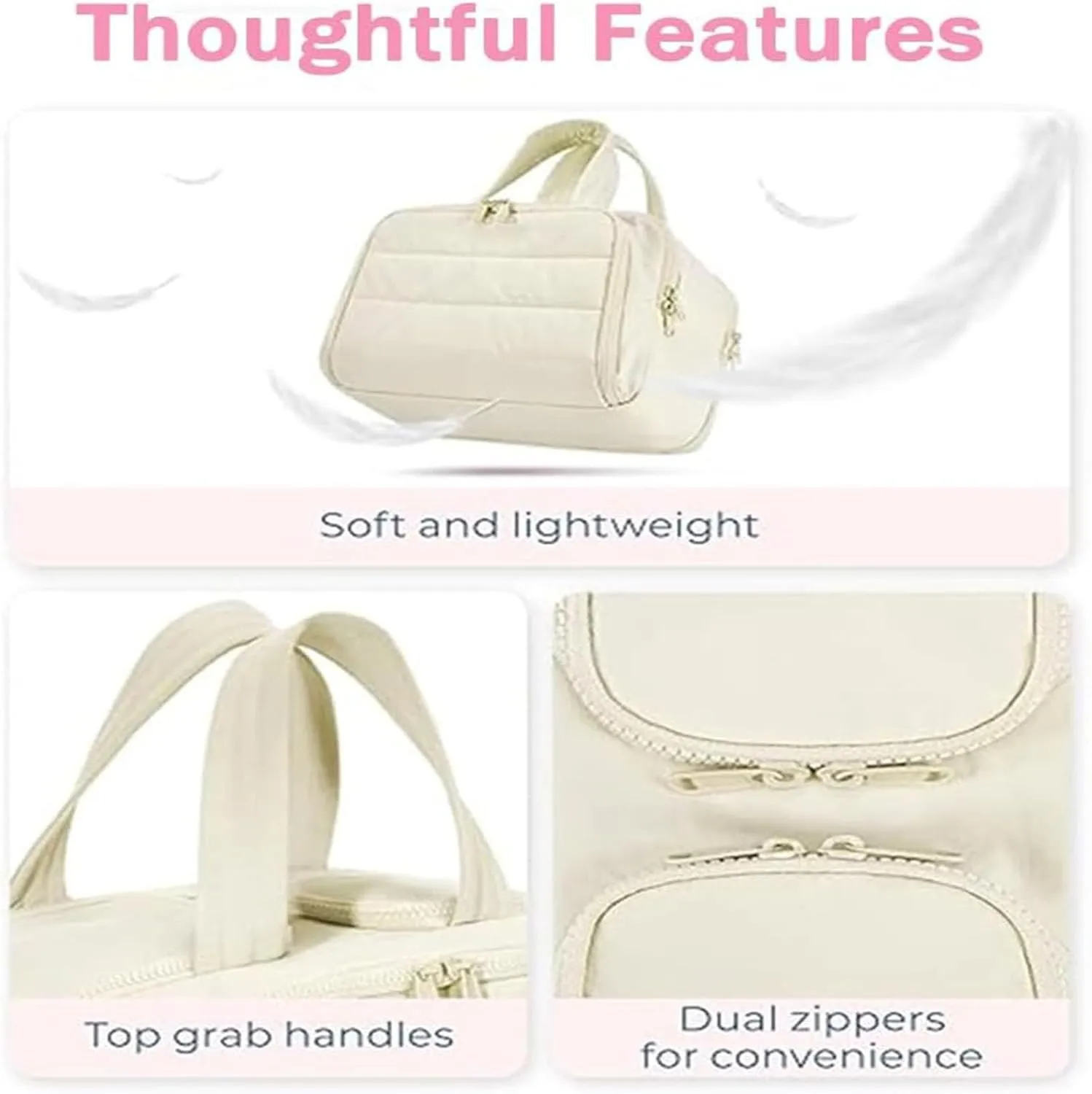 Cureaway Travel Cosmetic Bag, Large Capacity Wide-Open Cosmetic Bag, 4 In 1 Waterproof Portable With Compartments And Handles For Women's Travel Storage (Creamy White)