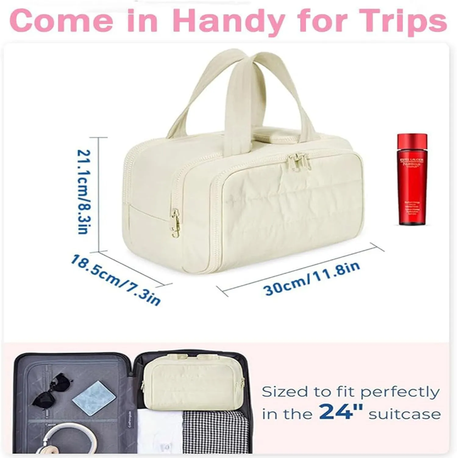 Cureaway Travel Cosmetic Bag, Large Capacity Wide-Open Cosmetic Bag, 4 In 1 Waterproof Portable With Compartments And Handles For Women's Travel Storage (Creamy White)